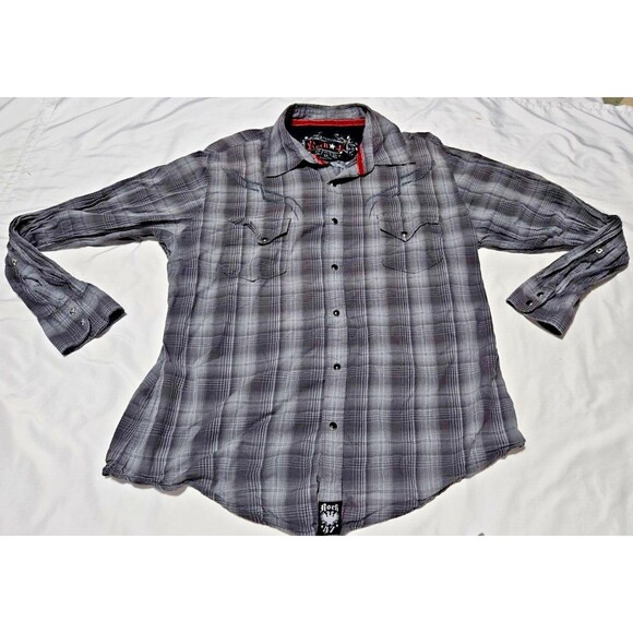 Rock 47 Shirt Mens Extra Large Gray Pearl Snap Long Sleeve Western BULL HEAD - Picture 1 of 14